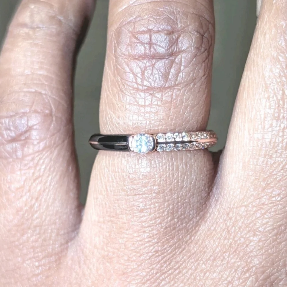 Women's 925 Sterling Silver Pavé BlackGolden Dual Cubic Zirconia Dainty Ring Sz6